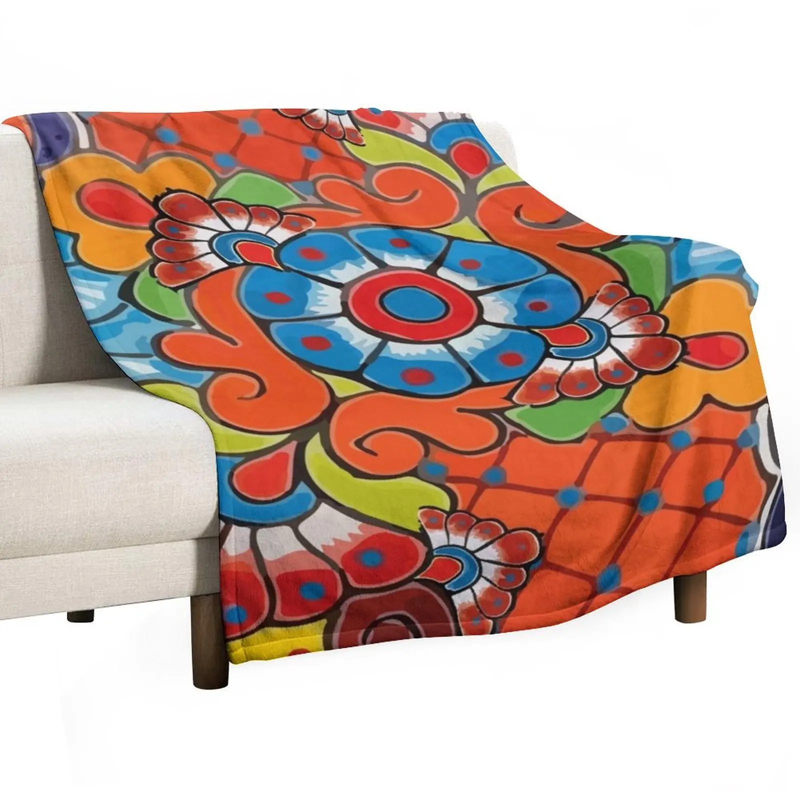 Orange azulejo maximalist mexican flowers talavera tiles Throw Blanket for winter wednesday Softest Travel Blankets