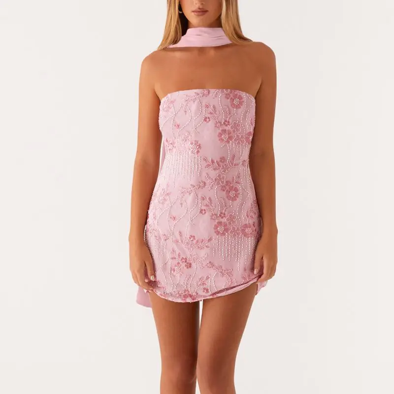 Combhasaki Women Luxury Strapless Summer Beading Glitter Sequins Floral Embroidery Backless Bodycon Short Tube Dress with Scarf