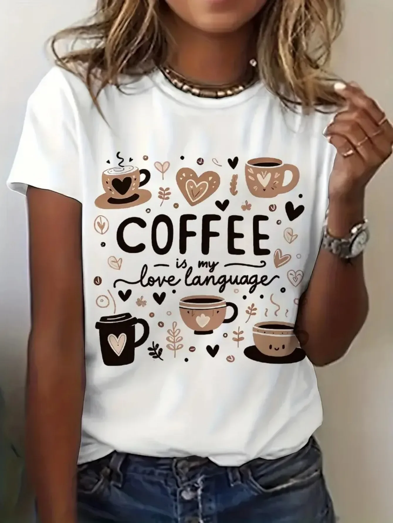 

Женская футболка с рисунком «Coffee Is My Love Language», дышащая повседневная летняя футболка с короткими рукавами и круглым вырезом с принтом «Coffee Is My Love»