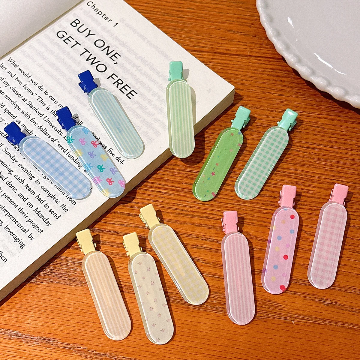 3個/スイートゼリーストライプチェックスターリボンヘアクリップ、ガーリッシュハート前髪、ショートヘアクリップ、メイクアップヘアクリップ、ヘアアクセサリー