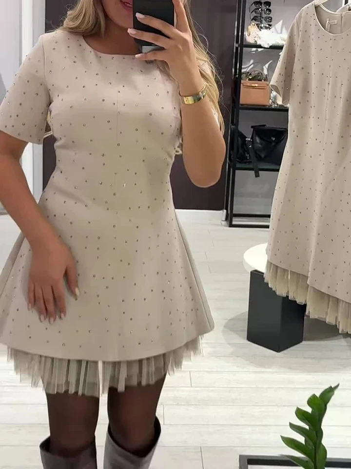 

Elegant O-neck High Waist A-line Dress Casual Short Sleeve Pleat Party Mini Dress Vintage O-neck Rhinestone Lace Hem Short Dress