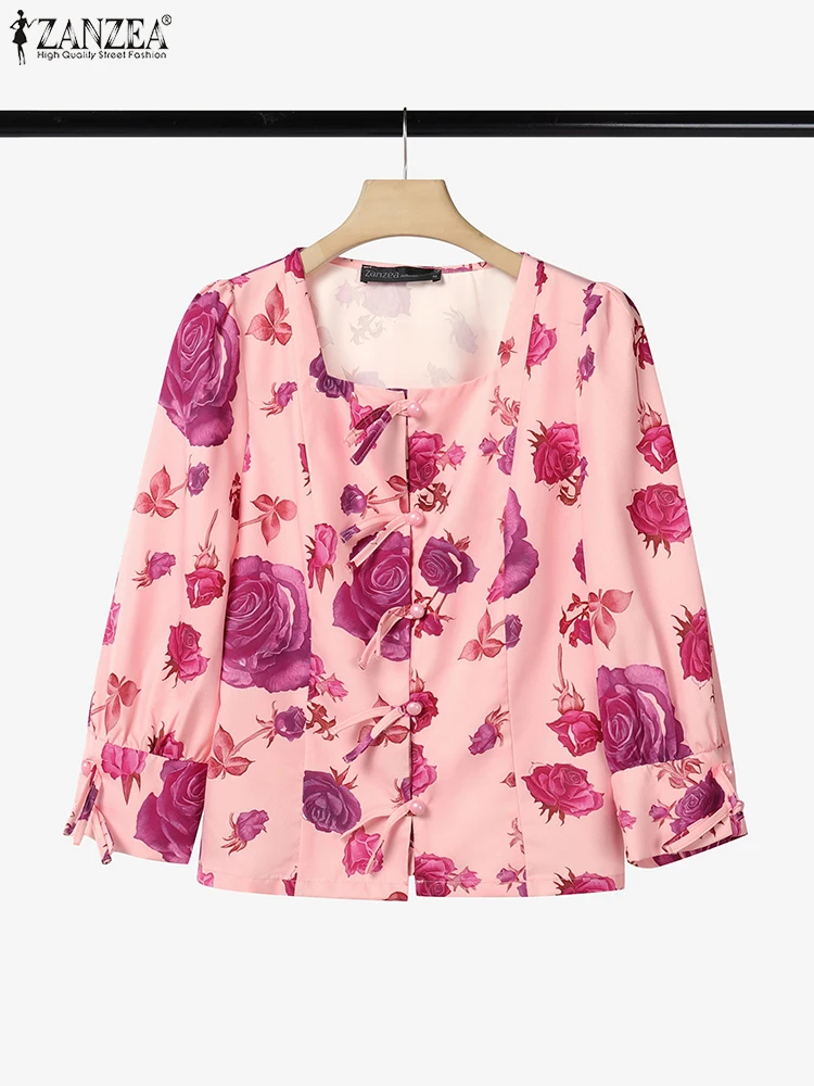 ZANZEA ผู้หญิงครึ่งพัฟแขนเสื้อวินเทจลายดอกไม้พิมพ์เสื้อลําลองปุ่ม Blusas 2025 ฤดูร้อน OL เสื้อทํางาน