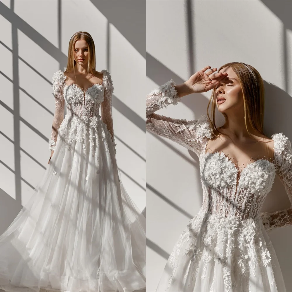 맞춤형 우아한 화이트 Organza 웨딩 드레스 절묘한 Strapless 긴 소매 코트 트레인 Appliques Backless Bridal 가운