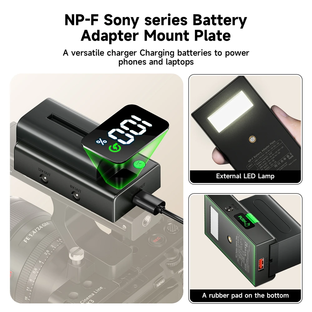 NP-F Battery Adapter Mount Plate With USB-C Input Charging for Sony NP-F980 F970 F960 F770 F750 F570 F550 DIY Camera Accessories