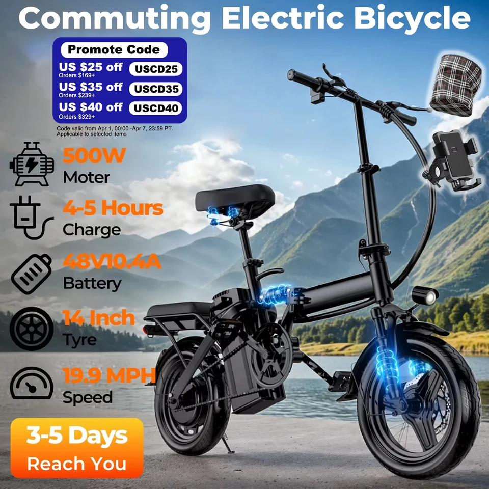 LELEKUAI 500W Adult Electric Bike, 20 MPH, 48V 10.4Ah Removable Battery, 14 Inch Folding Electric Bike, Multi-Shock Absorption