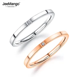 JeeMango Stainless Steel 2mm White Cubic Zirconia Stone Rings For Women Trendy Office Rose Gold Color Finger Rings JR19163