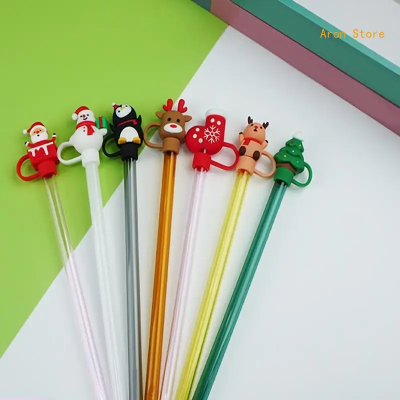 Durable Straw Covers Set, Portable, Dustproof, Toppers Lid, Christmas Cartoon, Tip Party Supplies, H3CF, Set of 7