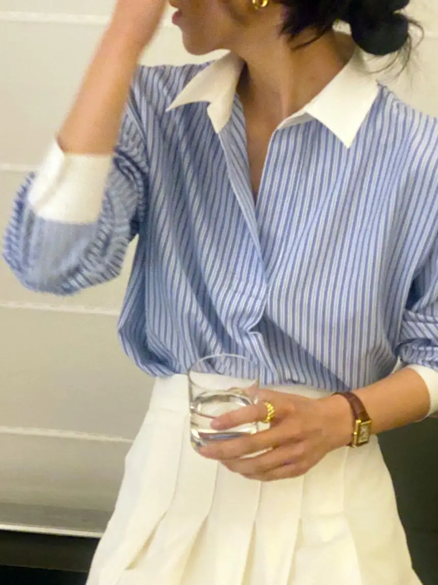 Casual Stripe Long Sve irt Women's Early Autumn ดีไซน์ใหม่ Small ence Faionable Ladies Premium irt