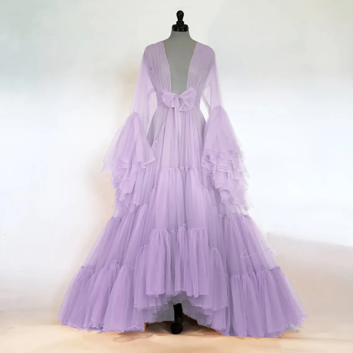 Robe longue en tulle doux avec ourlet à franges superposées, manches à volants, violet, multicolore, personnalisée, demoiselles d'honneur, robe de grossesse, ALTERRobe