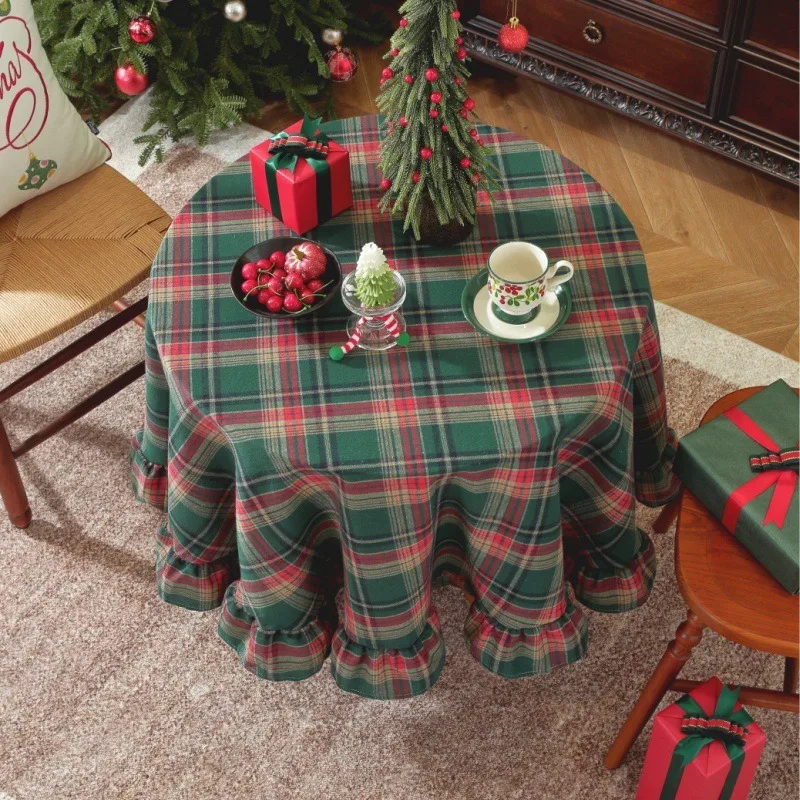 

America Cotton Plaid Retro Ruffles Round Tablecloth for Christmas Round Table Map Table Cover Round Table Cloth