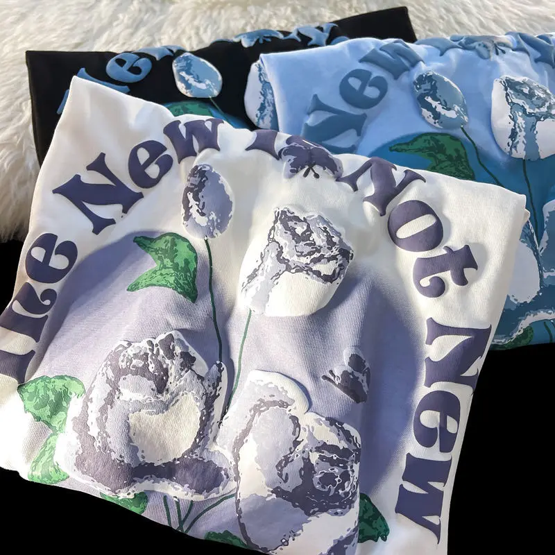 Rose T-shirt Women Tshirt Oversize Summer Short-sleeved Top Niche Design Trendy Ins Loose Unisex T Shirt Tops Womens Clothing