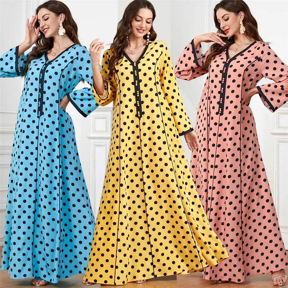 

Роскошное мусульманское платье макси для женщин, летнее кружевное платье с v-образным вырезом и длинными рукавами, свободные платья, элегантный халат в горошек с принтом в Дубае