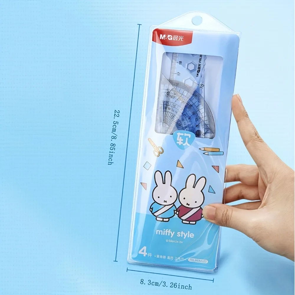 M&G 4pcs Miffy Student Soft Ruler Large Set (20cm/15cm Straight Ruler/Triangular Ruler*2/Protractor)  for Measuring Drawing Blue