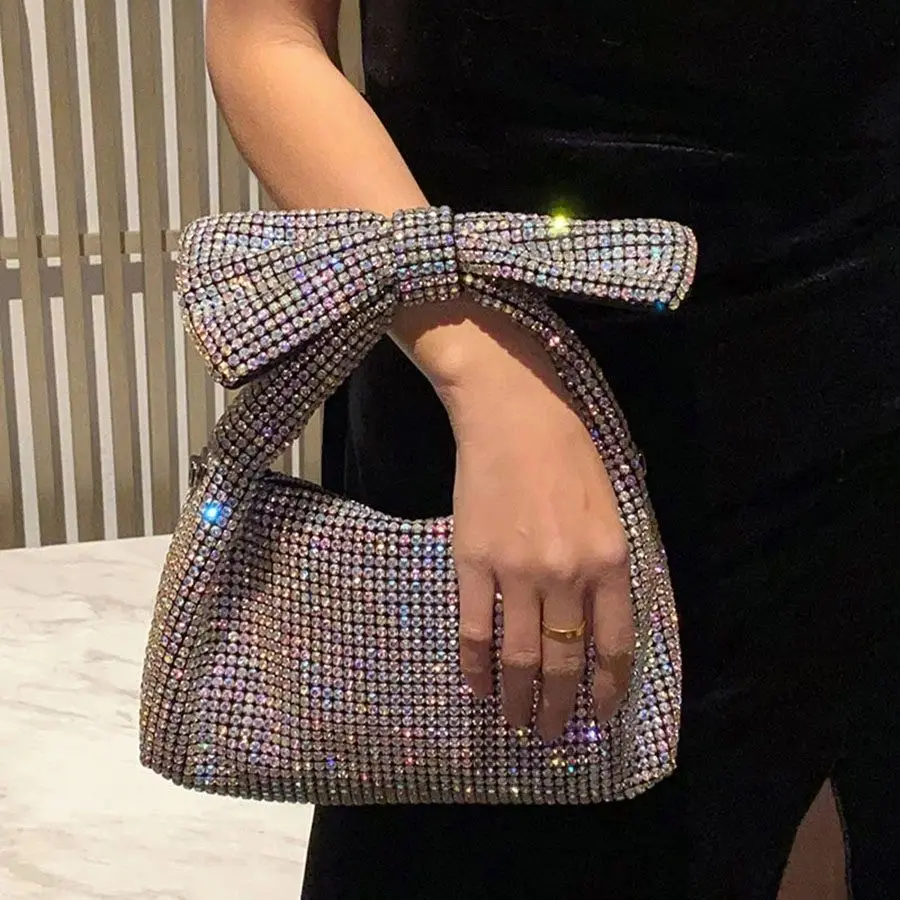 

Fashion Bow Sequin Clutch Luxury Designer Handbag for Ladies Elegant, Spacious Clip bag with Chains, Women's Shoulder Bag