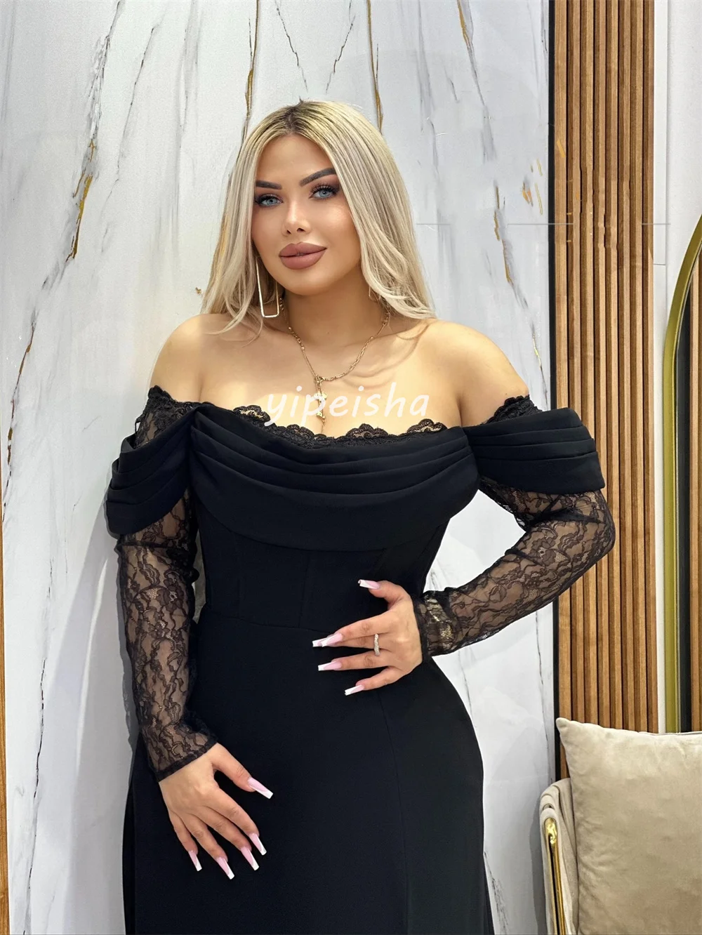 Customized Matching Sexy Jersey Pleat Draped Lace A-line Off-the-shoulder Long Dresses Bespoke Occasion Dresses Elegant Formal