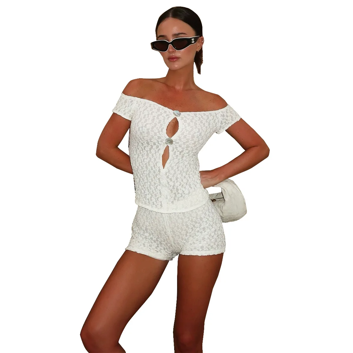 AliExpress hot-selling 2025 summer new product sexy slim hollow button European and American one-word shoulder suit cw42774