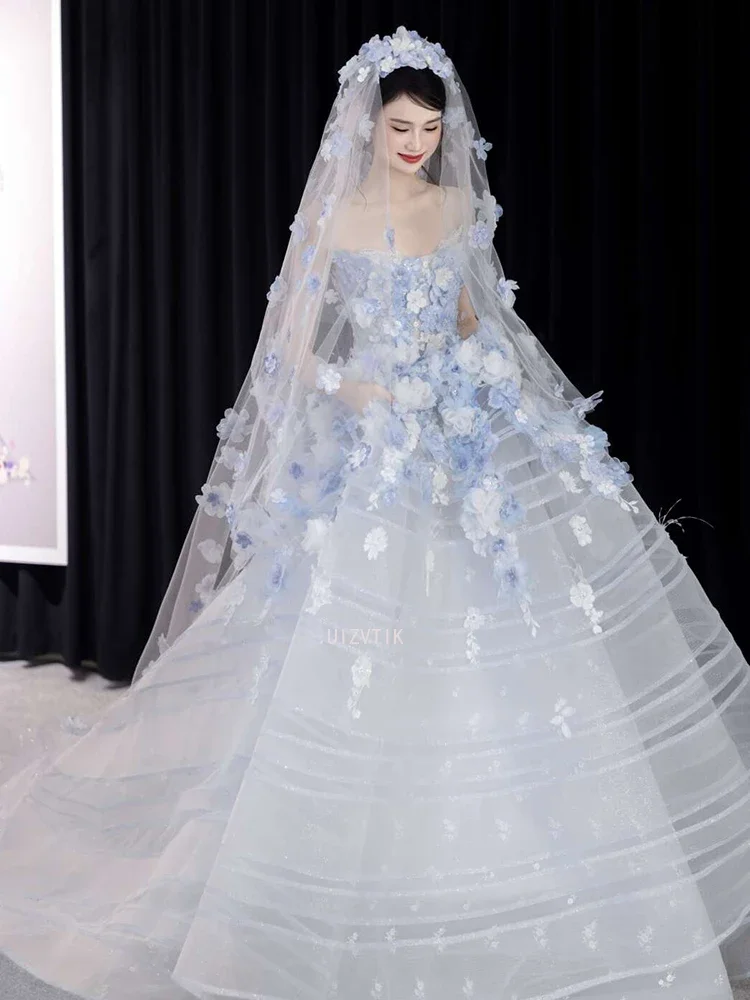 الزهور الزرقاء فساتين زفاف الزفاف النساء منتفخ الجنية فساتين السهرة قبالة الكتف ثلاثية الأبعاد الزهور فساتين حفلات Vestidos De Novia #5