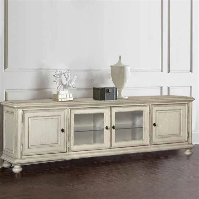 American solid wood oak TV cabinet apartment type living room vintage ivory white distressed audio-visual cabinet Four door stor