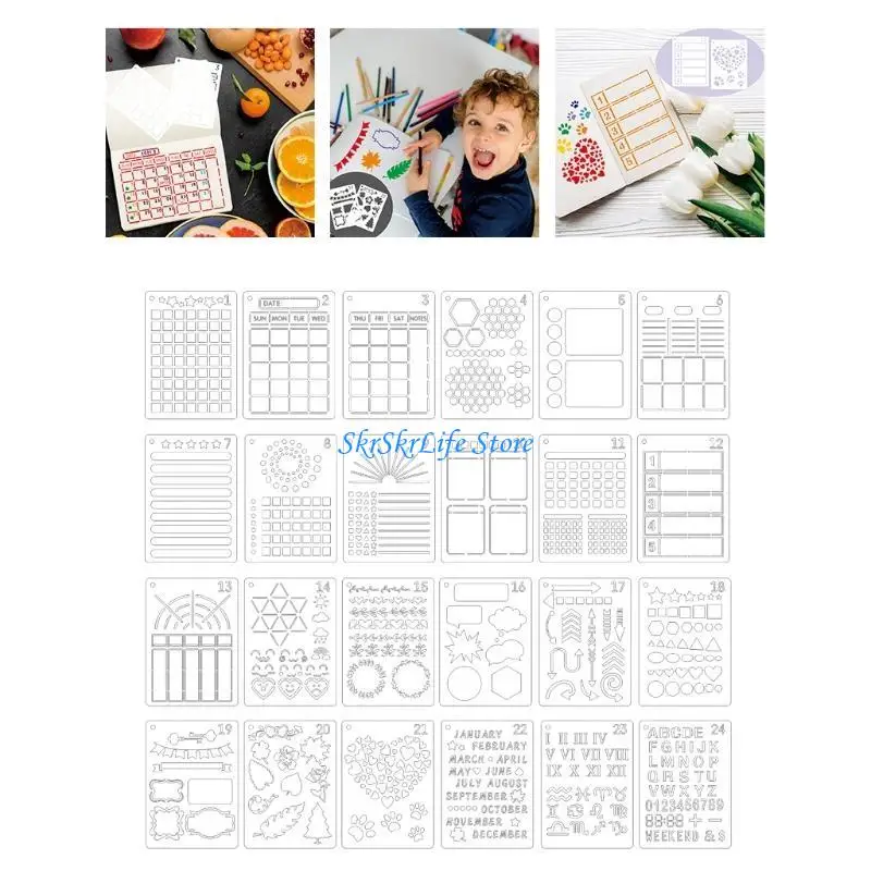 E65E 24Pcs Journal Stencils 5 Graffiti Drawing Templates for DIY Diary Planner Notebook Scrapbook Calendars Schedule