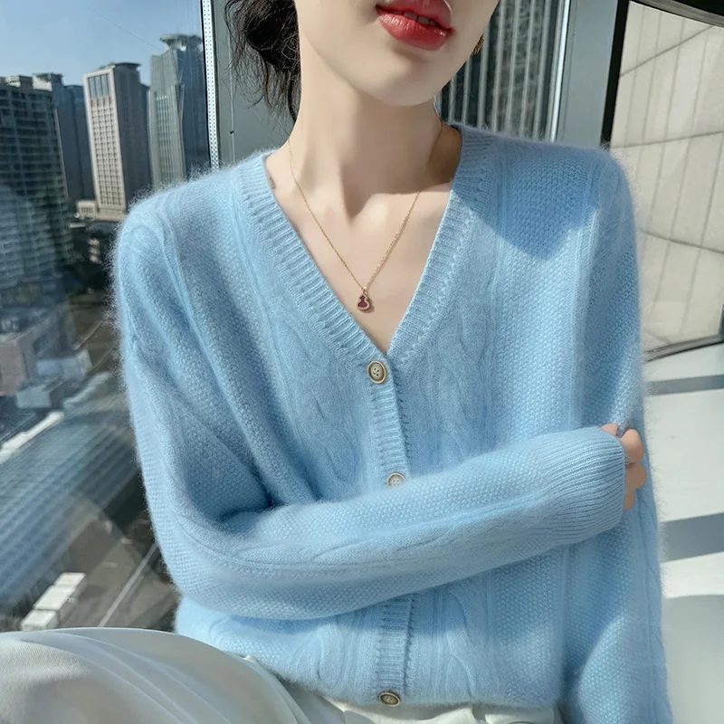 秋冬 Vネック ジャカード ミンクウール ニット カーディガン レディース ジャケット 無地 ボトム アウター ジャケット セーター