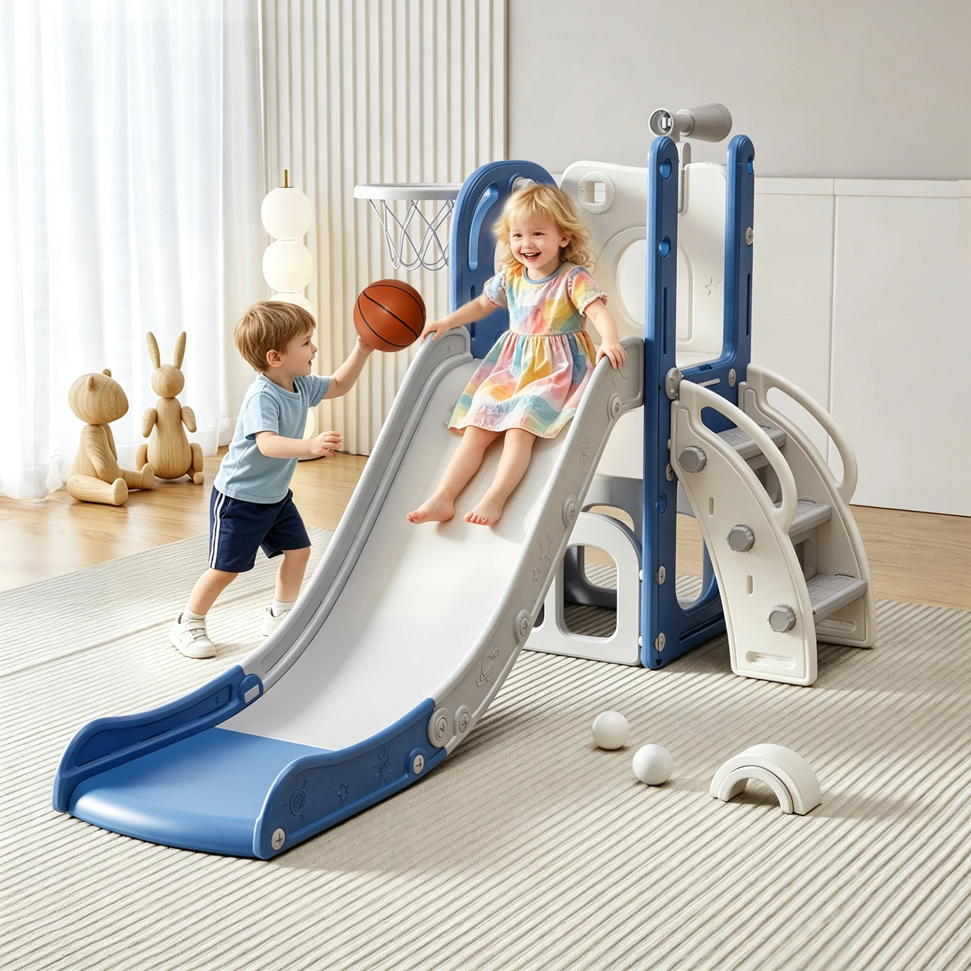 6 in 1 Toddler Slide for 1-3, Indoor Outdoor Playset, Kids Slide with Climber, Basketball Hoop, Storage, Telescope, L Shaped Slide