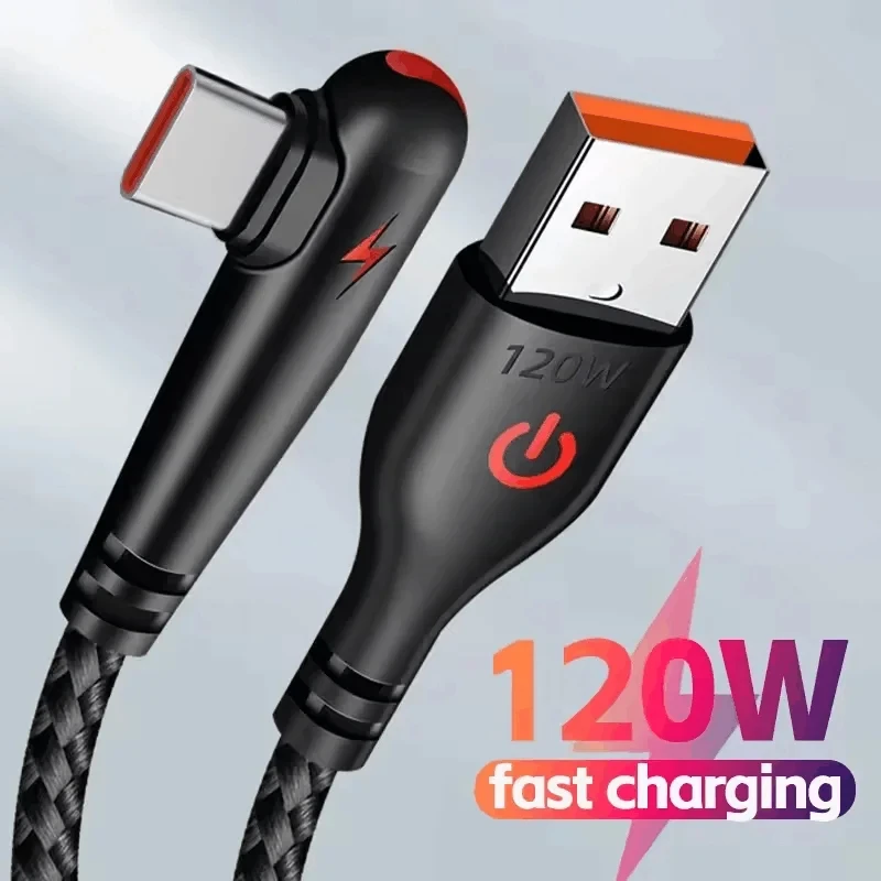 

USB-кабель типа C с угловым разъемом на 90 градусов, 120 Вт, зарядное устройство для быстрой зарядки телефона, кабель для передачи данных для Samsung, Xiaomi, Huawei, шнур для быстрой зарядки