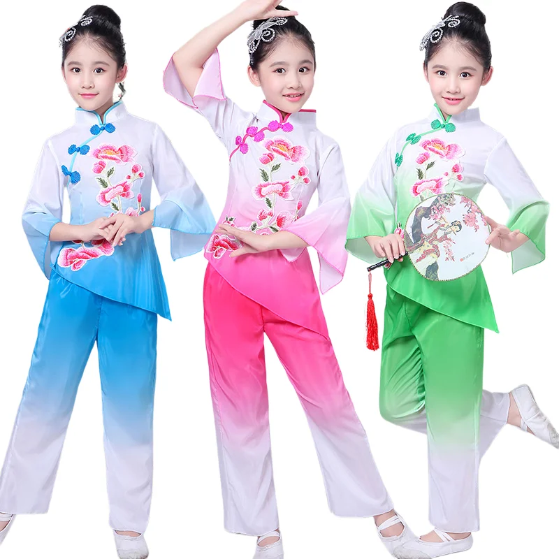 Girls children\'s classical dance high quality embroidery elegant costumes fan dance costume Jiangnan umbrella hanfu Dance wear