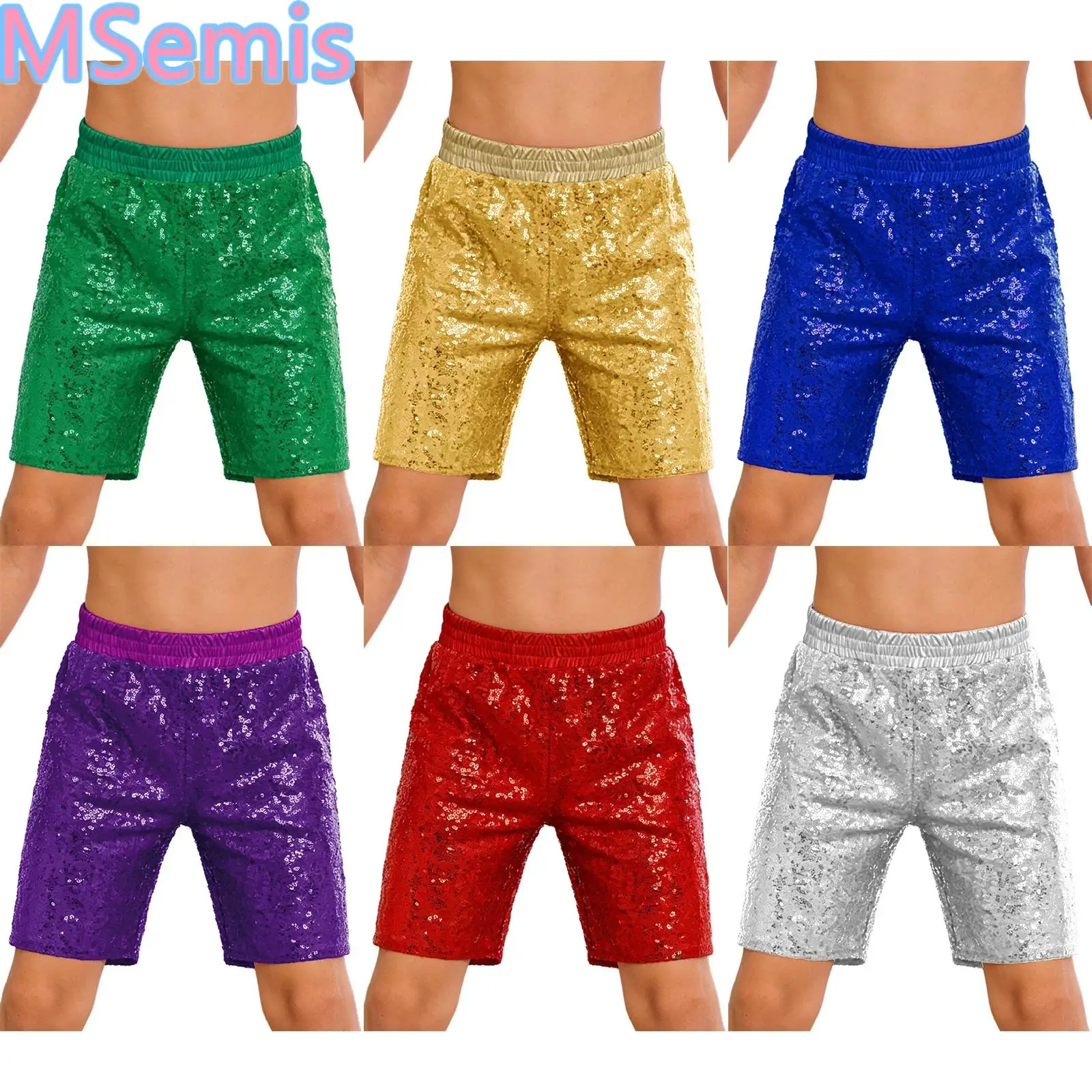 

Kids Boys Sequins Jazz Dance Shorts Stage Performance Costume Elastic Waistband Soft Lining Shiny Shorts with Pockets