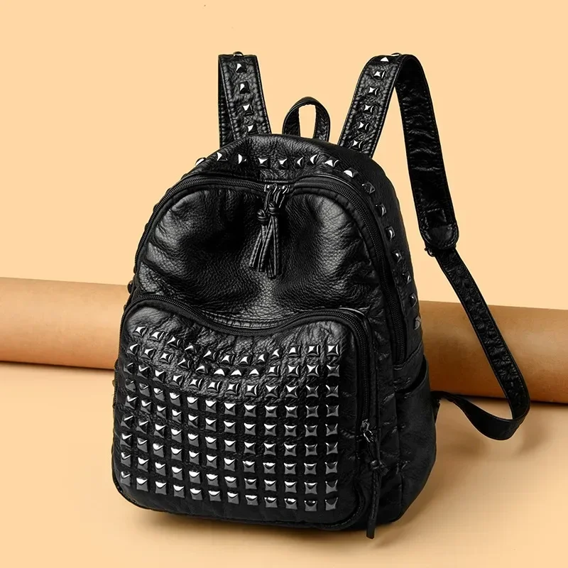 Rivet Decoration Fashion PU Backpack Solid Color Double Zipper Multi-Pocket Simple 2024 Hot Sale Bags for Women Bolsas Femininas