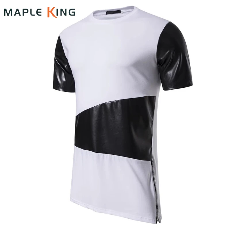 PU Leather Patchwork Side Zipper T Shirts for Men Summer Steampunk Casual Hip Hop Longline Streetwear Mens Camisetas Tops Tee