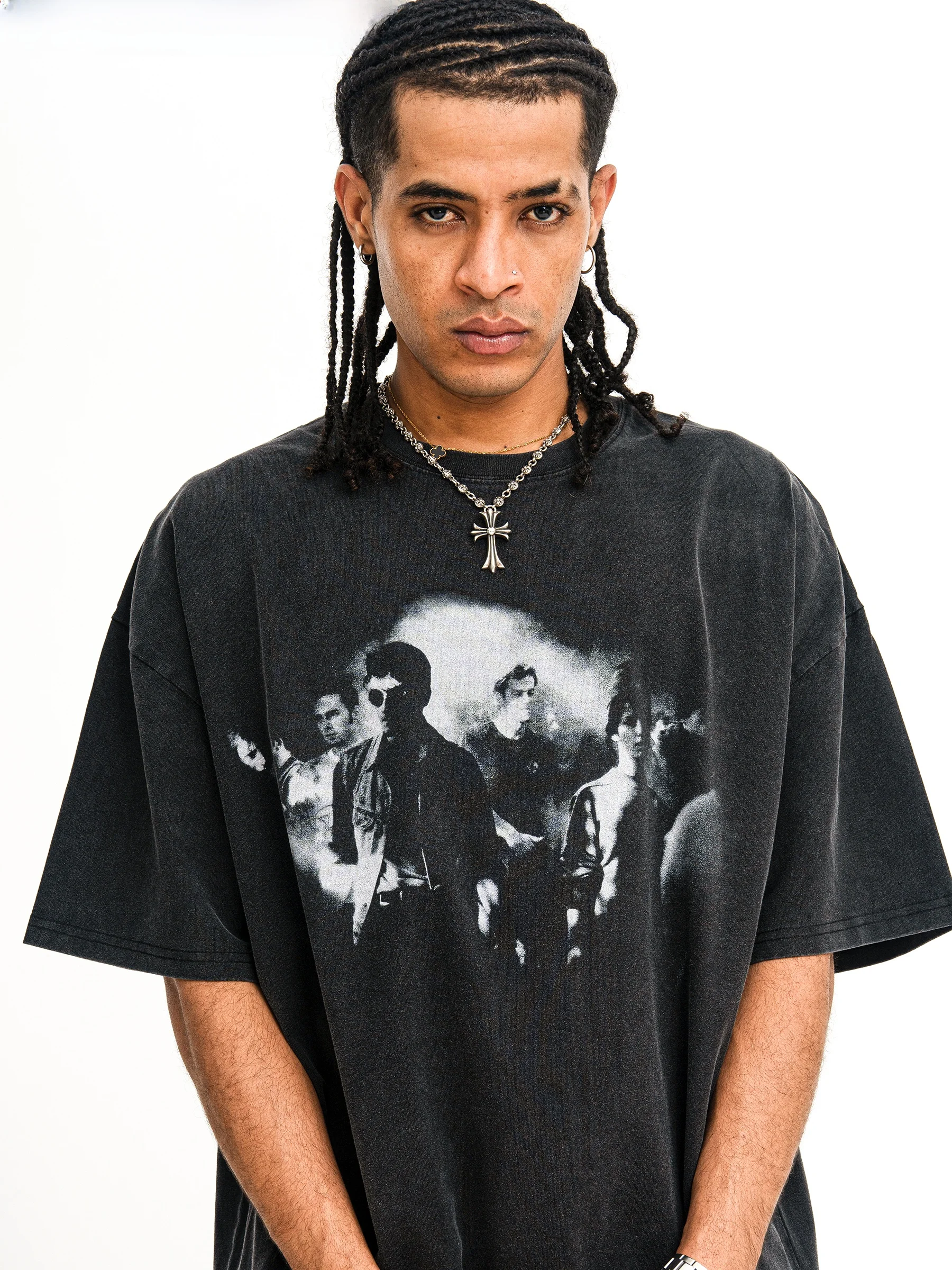 

Onesevenine White Ink Direct Spray Washed Vintage Short Sleeve T-Shirt Street Style City Walk Casual Cotton round Neck Tee