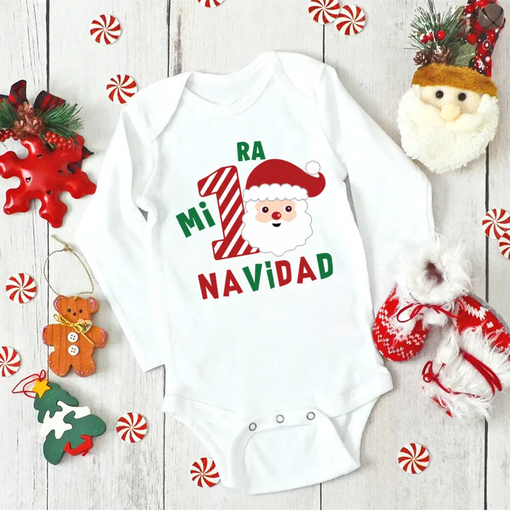 My First Christmas Spanish Printed  Baby Bodysuit Newborn Long Sleeve Romper Infant Holiday Xmas Outfit Toddler Baptism Clothes