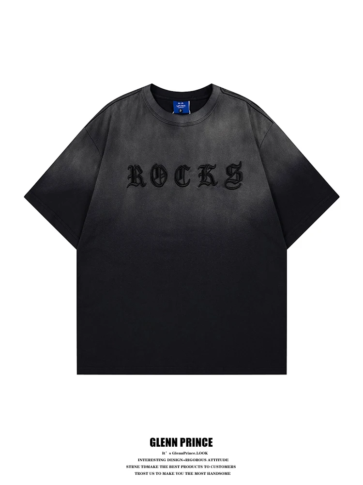 

GPstudio American Retro Washed Gradient Letter Embroidery Short Sleeve T-Shirt Loose Heavy Half Sleeve for Men And Women