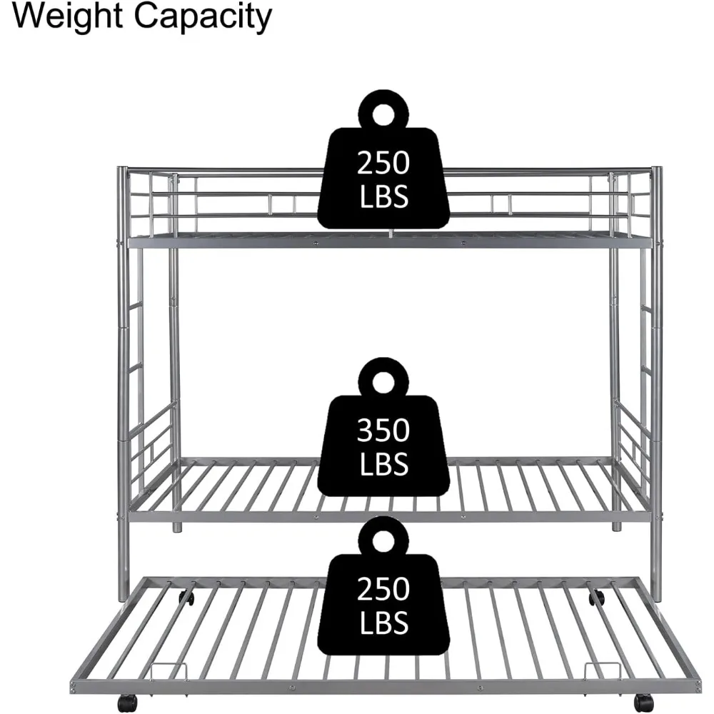 Metal Bunk Bed with Trundle ,Twin Over Twin Bunk Beds with Slats, Heavy Duty Bunkbed Frame for Adults,Teens,Boys and Girls