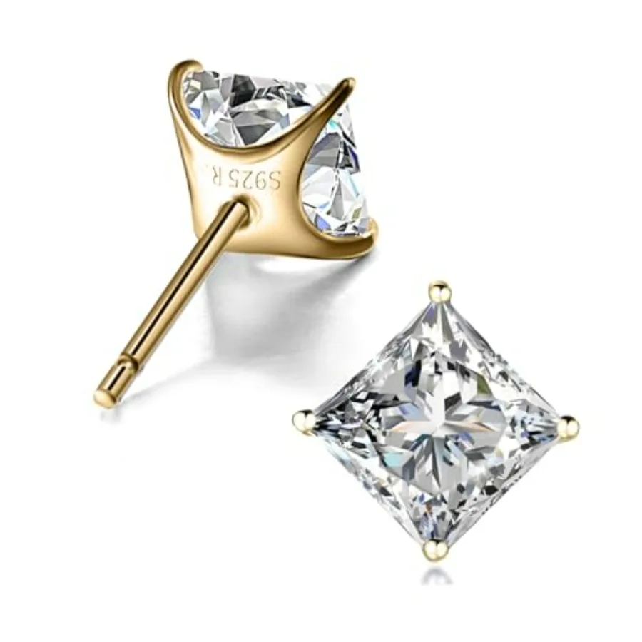 

"STUNNING FLAME" 18K Gold Plated Sterling Silver Princess Cut Cubic Zirconia Stud Earrings for men women