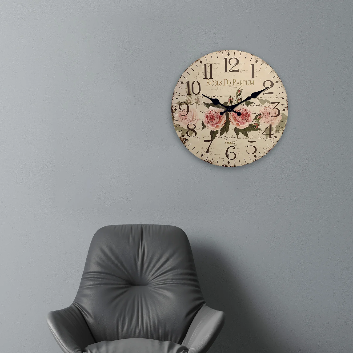 Retro “Roses De Parfum” Pattern Wooden Wall Clock Living Room Bedroom Kitchen Home Decoration Wall Clock Silent Quartz Clock Holiday Gift 10 Inches