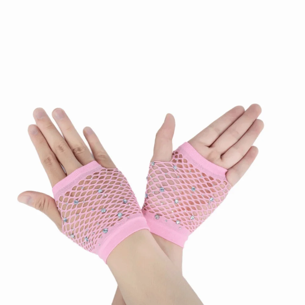 Party Elastic Rhinestone Gloves Black White Punk Fishnet Fingerless Gloves Gothic Style Shiny Long Gloves Women's Fashion