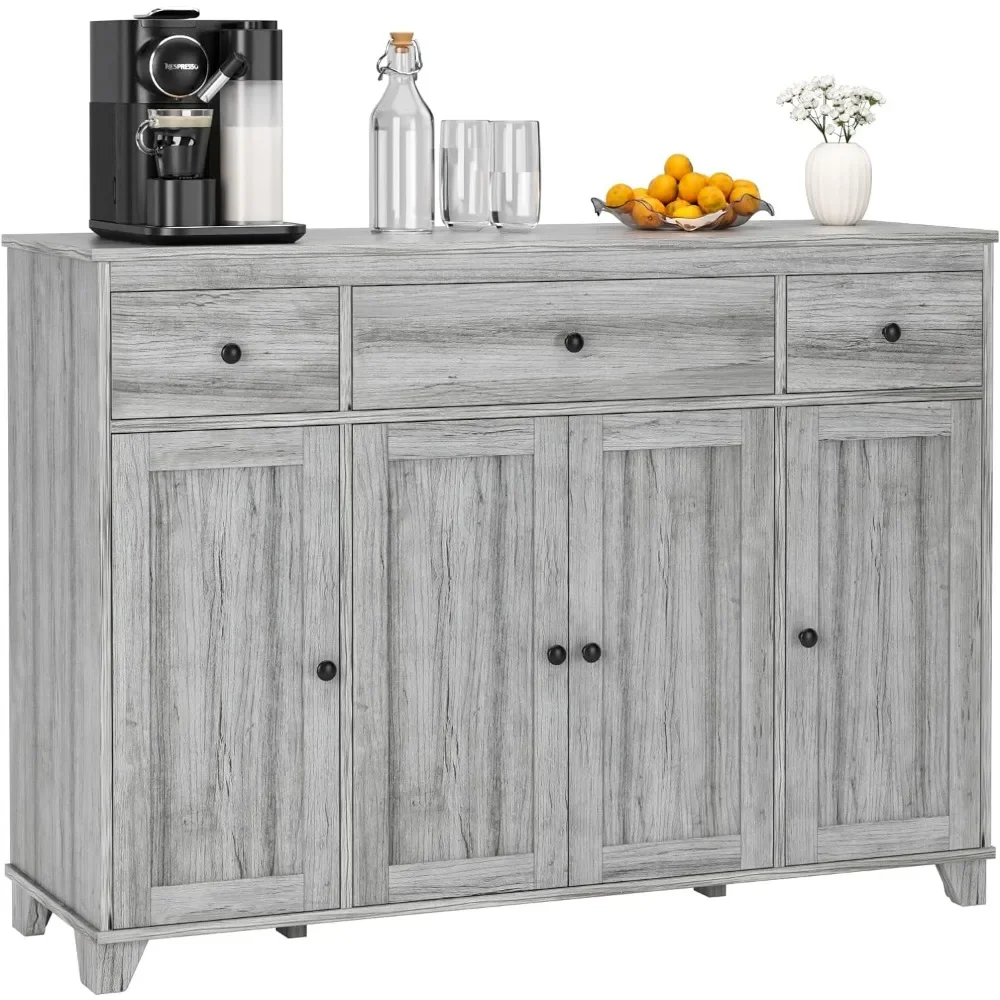 Kitchen Buffet with 3 Drawer & 4 Doors Adjustable Shelves, Wood Accent Cabinet, Classic Farmhouse Style Kitchen Cabinet