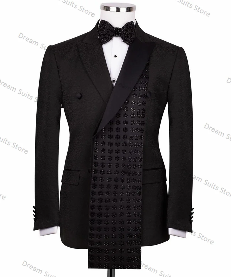 

Black Crystals Men Suits Set 2 Piece Blazer+Cotton Pants Customized Formal Office Jacket Prom Wedding Tuxedo Male Business Coat