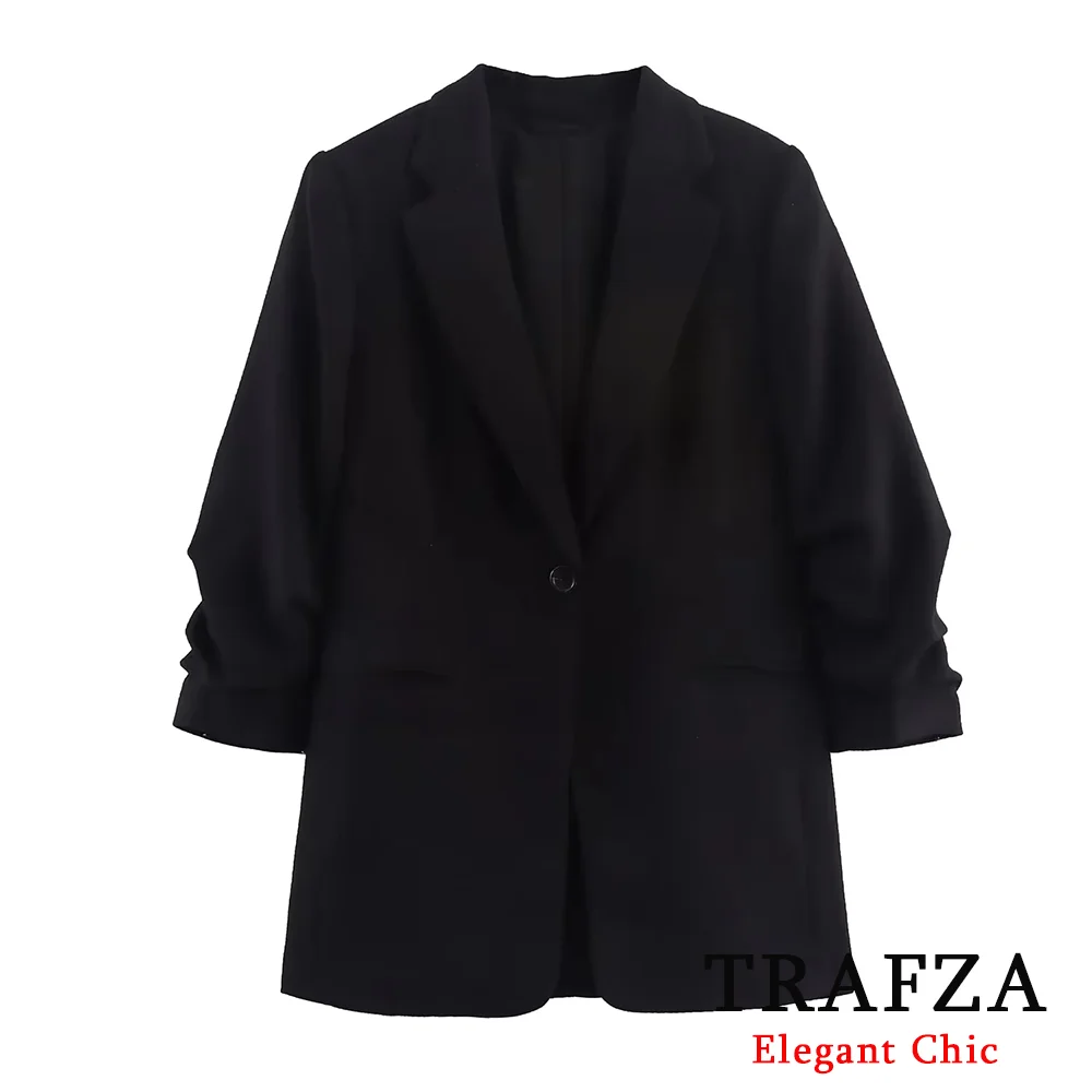 

KONDALA Women Black Blazer Single Button Pleated Sleeve Blazer New 2025 Autumn Winter Fashion Commute Interview Casual Blazer