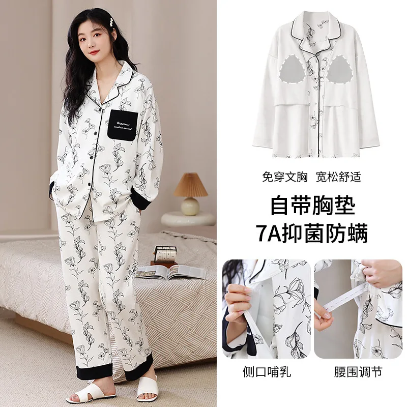 

Autumn Cotton Maternity Nursing Sleepwear Spring Fall Feeding Nightwear Clothes for Pregnant Women Pregnancy Pajamas Lounge Suit