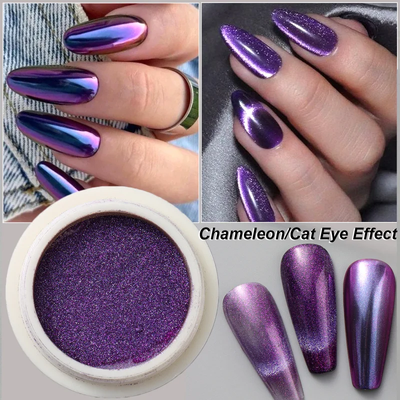 Y2k olho de gato cromo prego em pó espelho de metal camaleão brilho magnético brilhante efeito galáxia fricção pigmento flocos manicure decoração