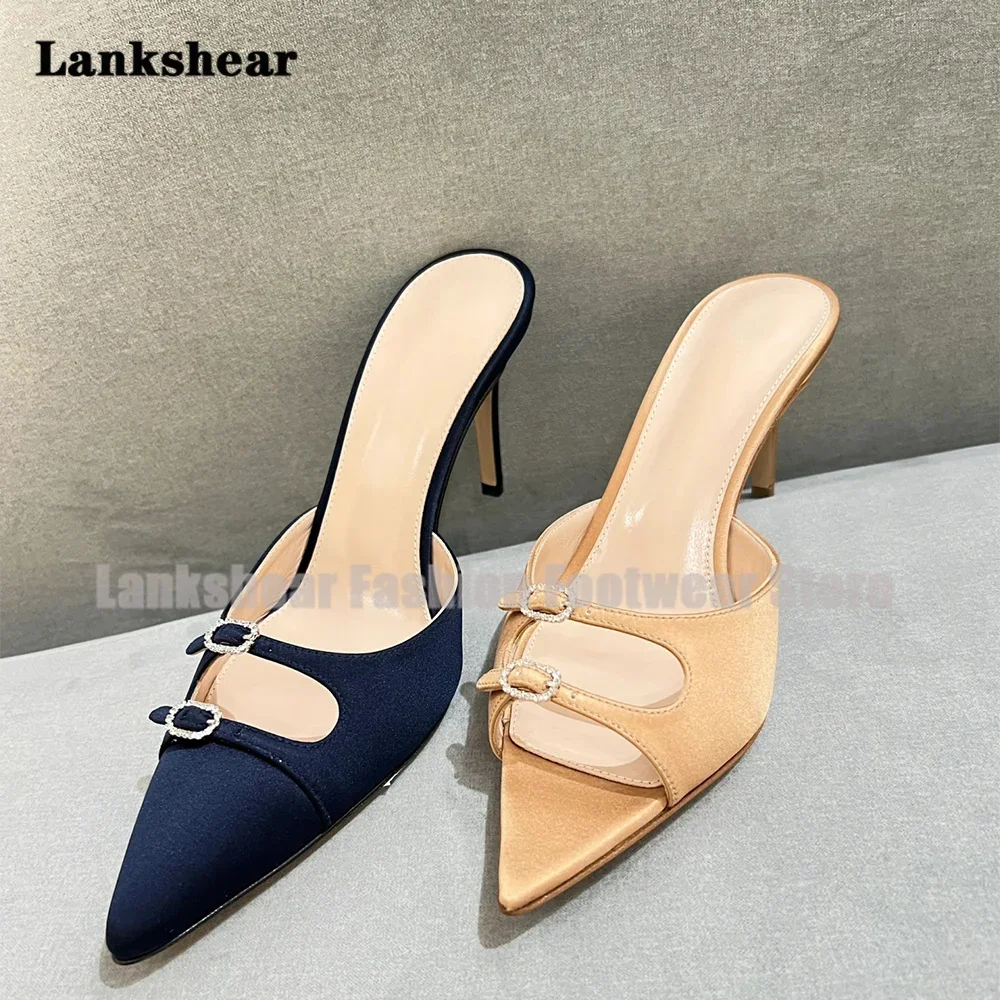 

Double Buckle Mules Women Pointed Open Toe Stiletto Elegant Shoes Ladies Summer Slippers Sandalias Zapatos Mujer 2024 Tendencia