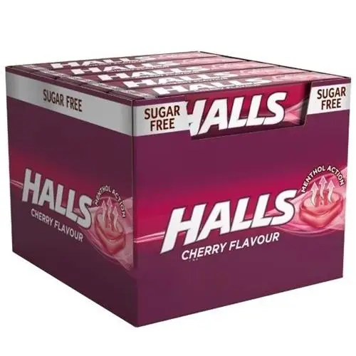 Halls Cereza sin Azúcar, 20 Paquetes con 9 Gotas Cada uno, para Alivio de Garganta y Tosa, Refrescante Sabor a Cereza