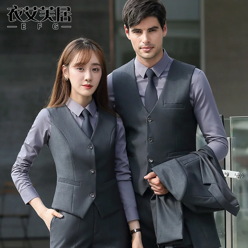 Business Formal Vest Set Two-Piece Suit for Men And Women Bank Hotel Workwear Professional Clothing Pure Color V-Neck Button ...