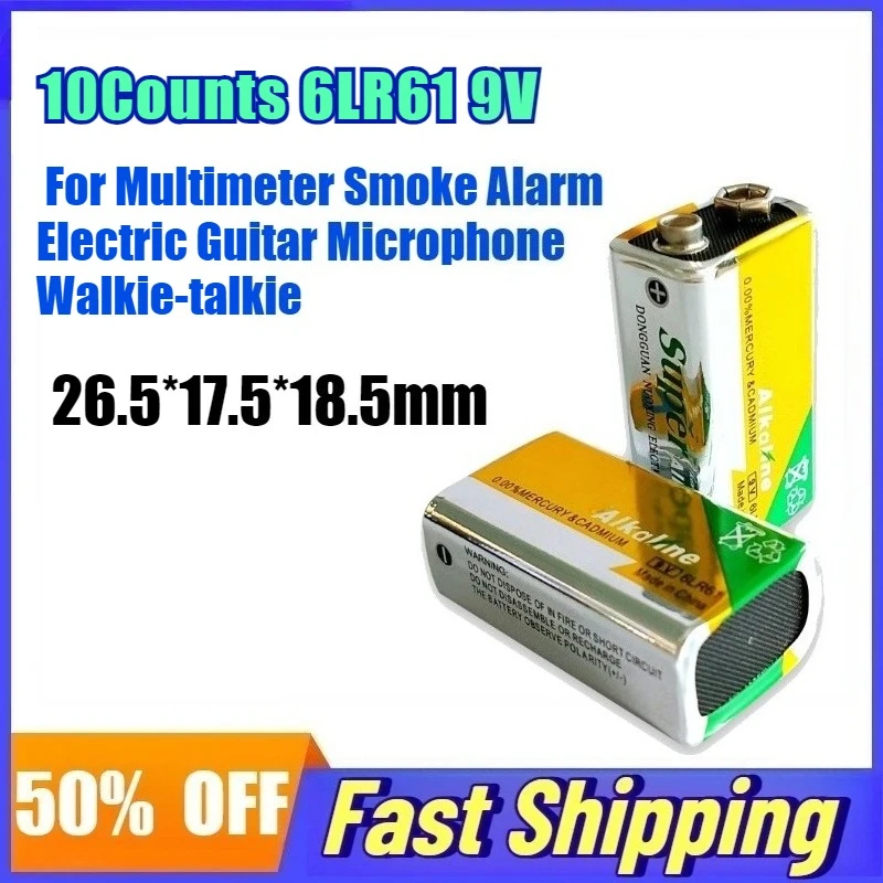 10Counts 6LR61 9V Alkaline Battery for Multimeter Smoke Alarm Electric Guitar Microphone Walkie-talkie Replacement Battery
