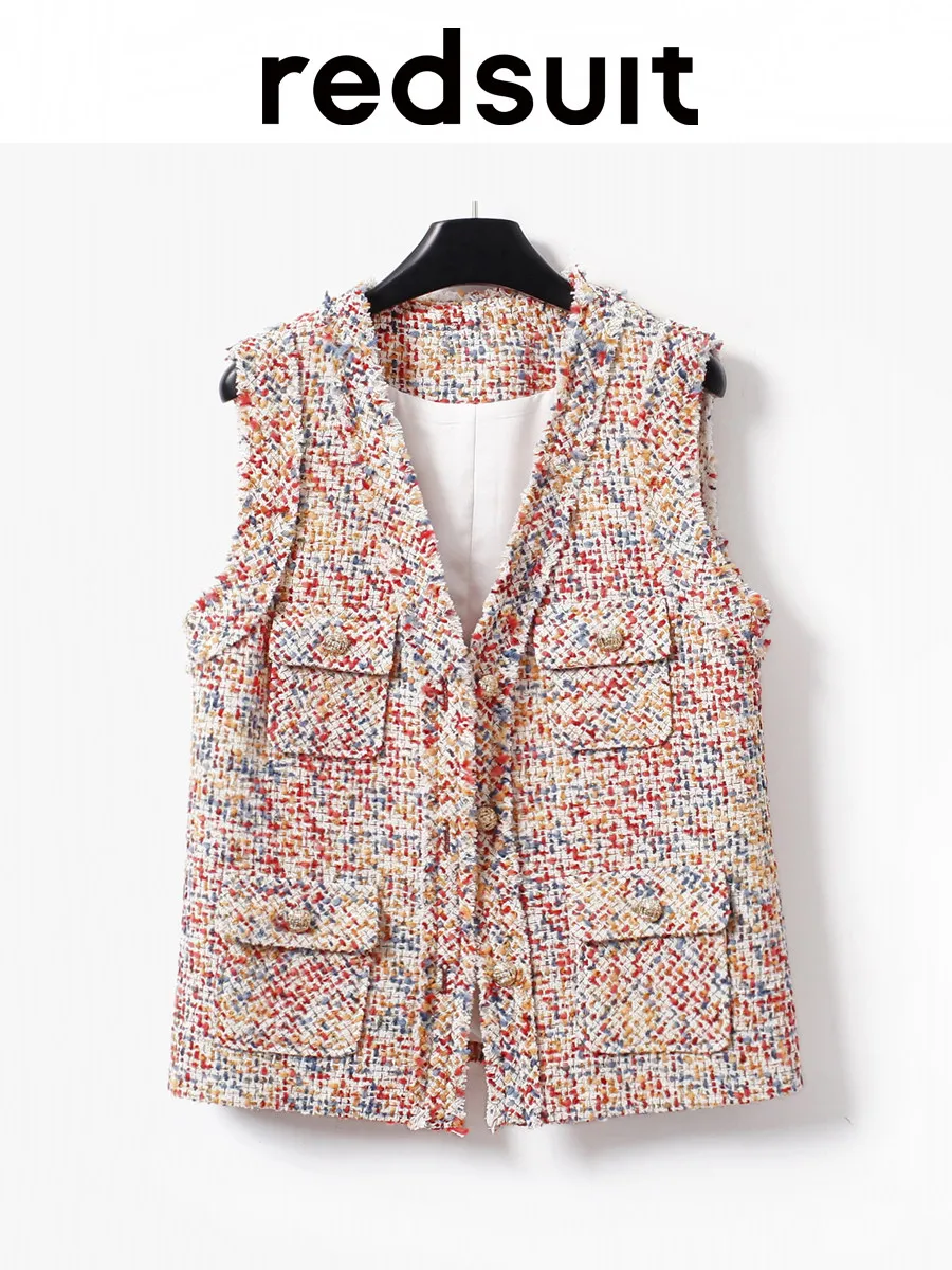 New Colorful tassel exquisite V-neck vest elegant four pocket top Custom size