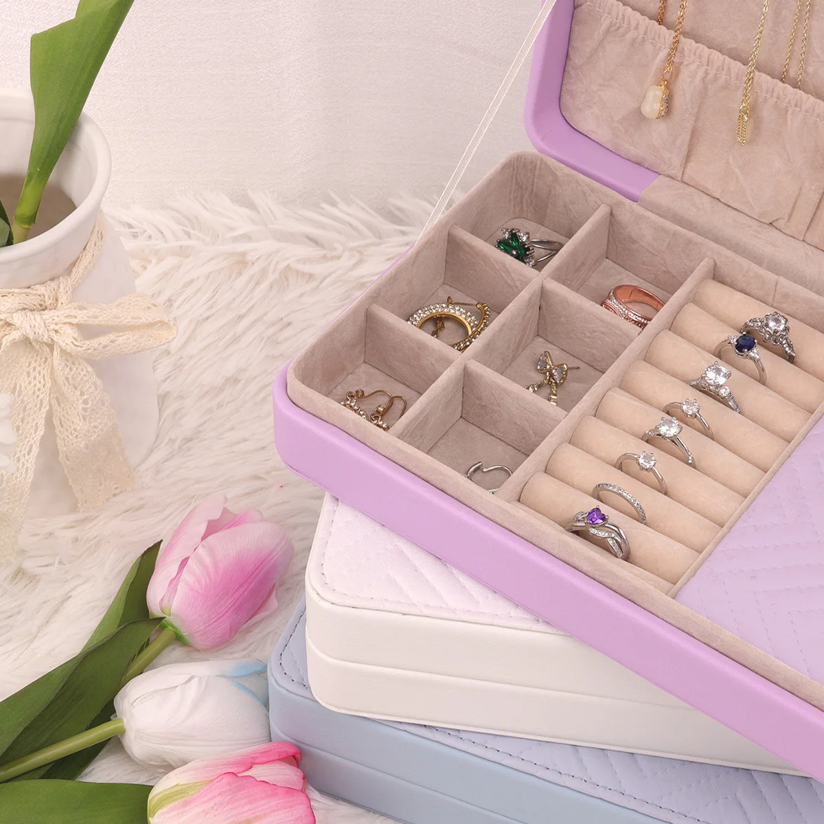 أزياء المرأة المحمولة السفر صندوق مجوهرات بو الجلود قلادة حلقة أقراط سستة صناديق تخزين مجوهرات عرض الحالات المنظم