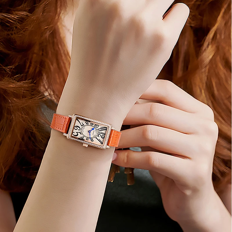 ROCOS Women's Rectangular Watch with White Stone Inlays, Numeric Hour Markers, and Orange-Textured Strap,Women's Gift