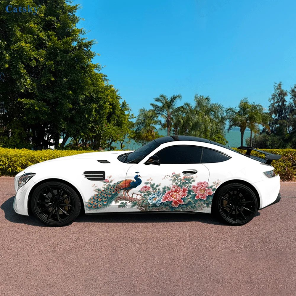 

Красочные виниловые наклейки для автомобиля с павлином и пионом, самоклеящаяся наклейка из ПВХ, подходит для грузовиков, внедорожников, украшения, автоаксессуары, подарок